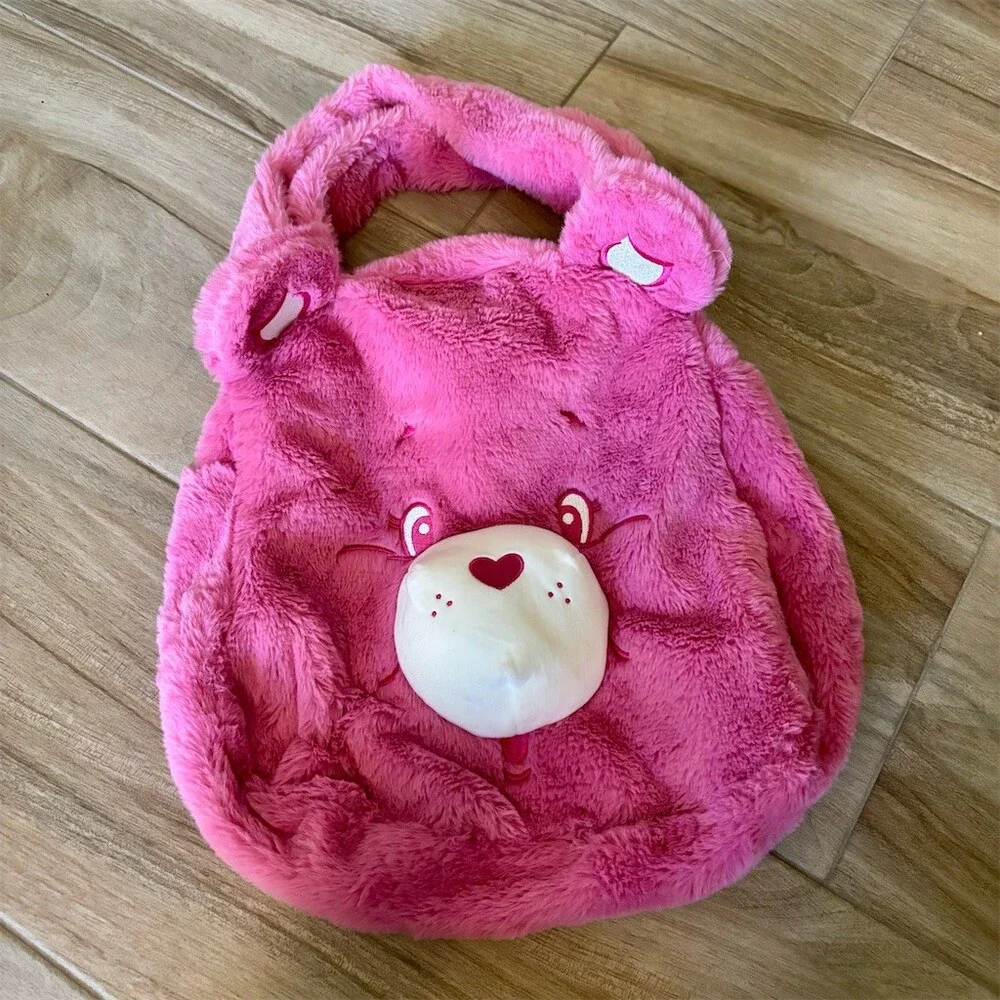 ROMWE Care Bears Cheer Bear Face Shoulder Bag Pink Fuzzy Zip Top Tote